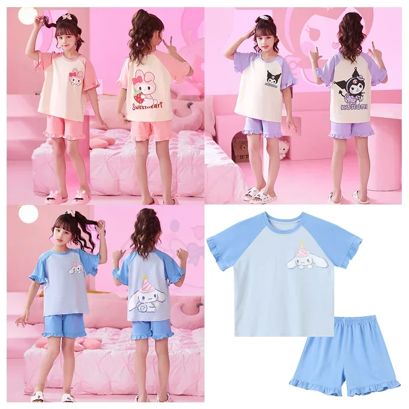 

Sanrioed Kawaii аниме My Melody Cinnamoroll Kuromi хлопковая Детская летняя пижама костюм милые шорты с коротким рукавом домашняя одежда