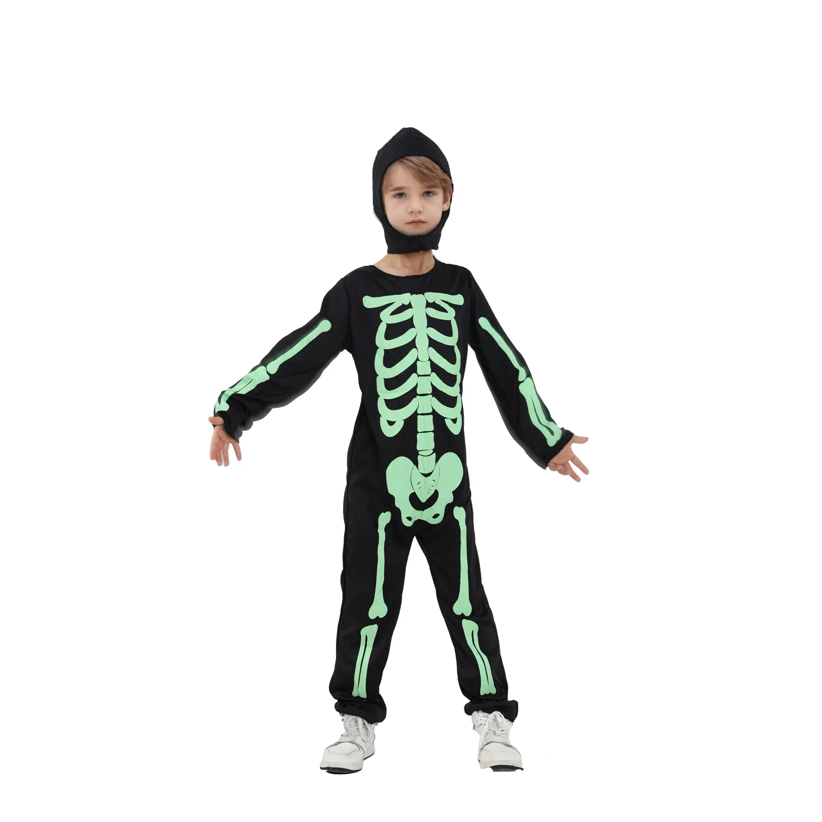 

Набор из 2 предметов: уникальный зеленый комбинезон со скелетом, повязка на голову, ролевая игра на Хэллоуин, сценический костюм