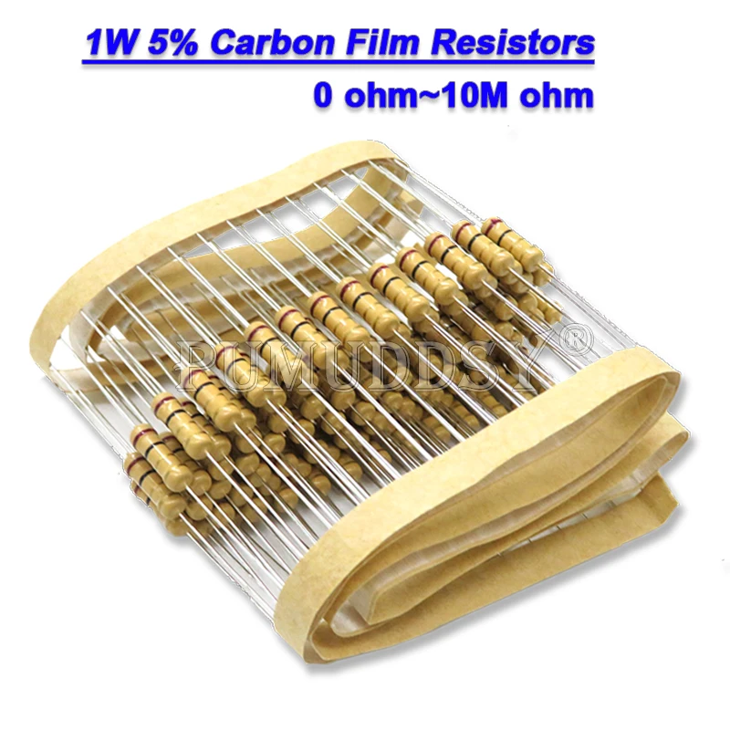20PCS 1W Carbon Film Resistors 5% 1R-10M 1K 10K 4K7 100K 200K 560K 1M 3M3 Ohm Color Ring Resistance 10R 47R 100R 220R