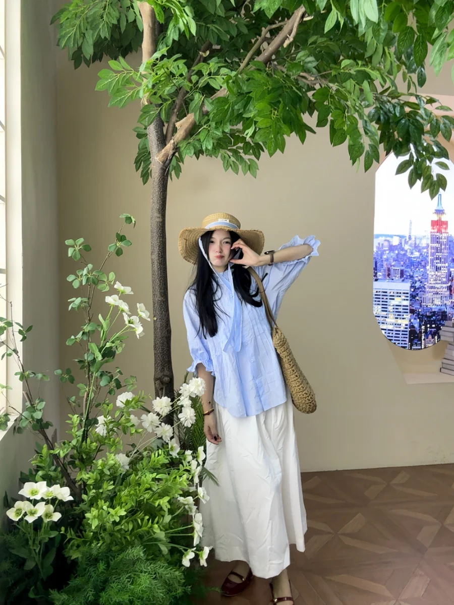 

plus Size Women's Blue Bubble Sleeve Shirt And High Waist Skirt Set Summer Slimming Fashion Korean Style round Neck A-Line Dress