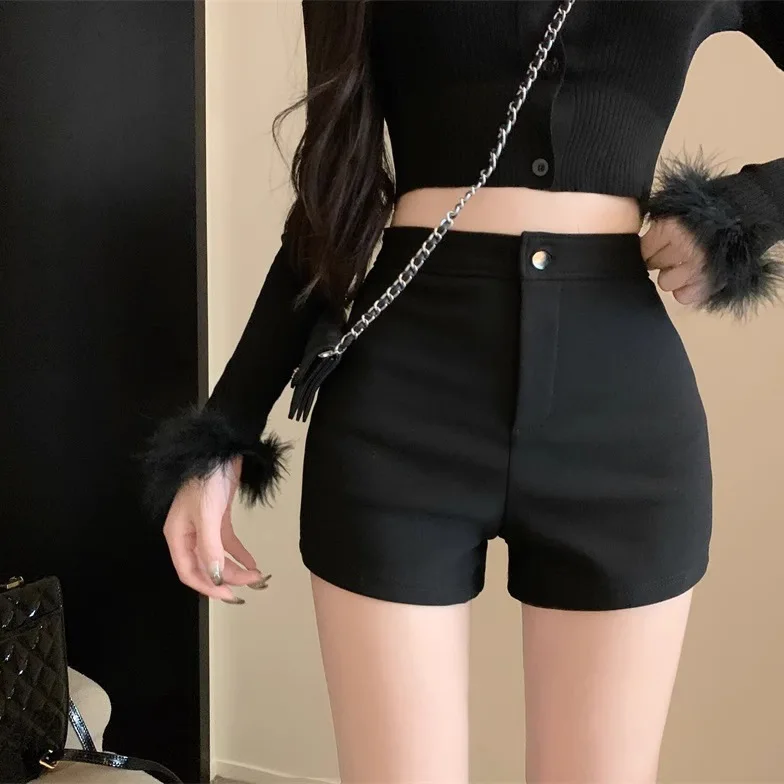 Black Fleece Lined Thick High Waist Elastic Casual Shorts Women's Autumn Winter Slimming A-Line Pants Hot Pants Bottoms