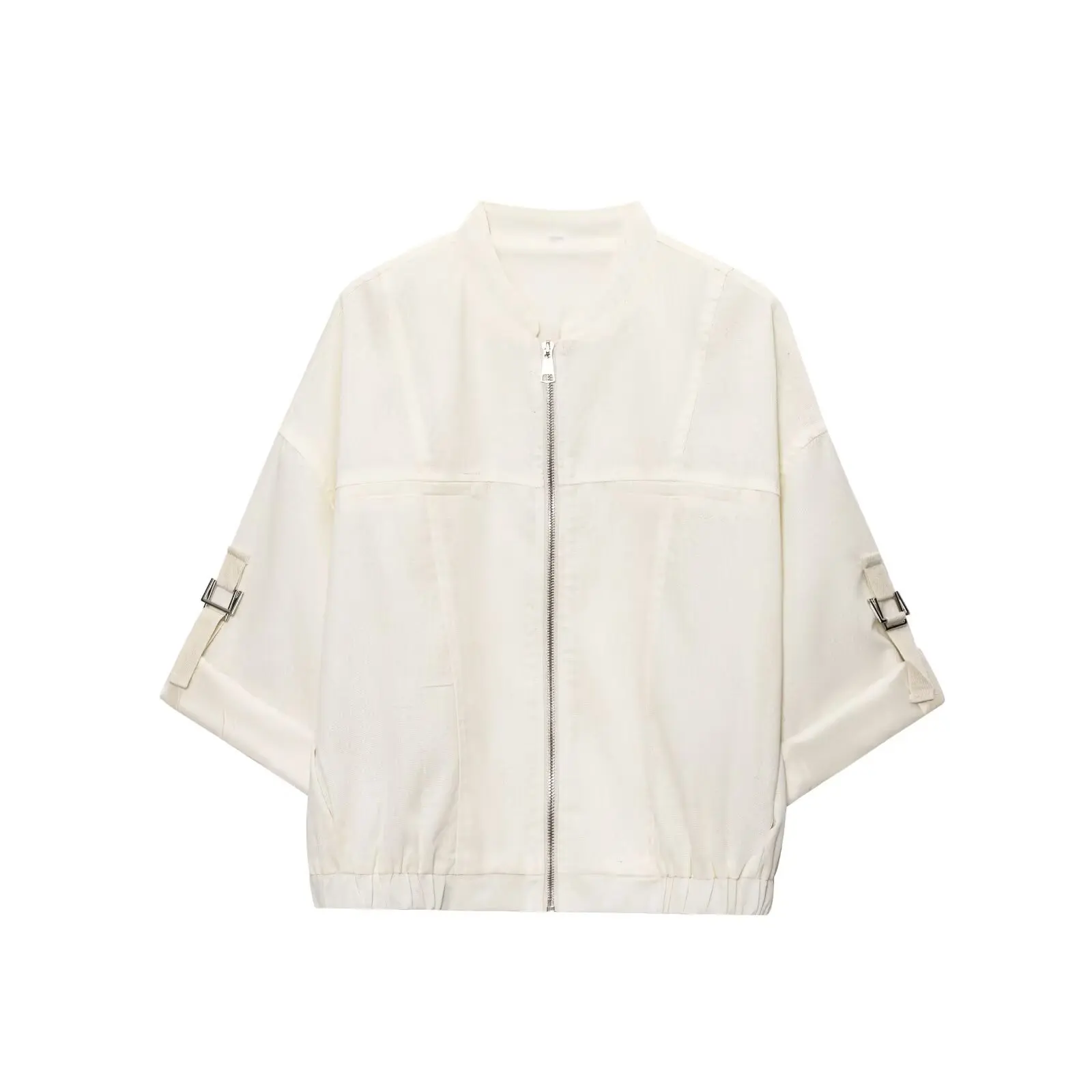 ZBZA Primavera delle nuove donne Faionable Linen Blend Roll up Sve Jaet Casual Loose Fit Lungo Sve Chiusura con cerniera Colore