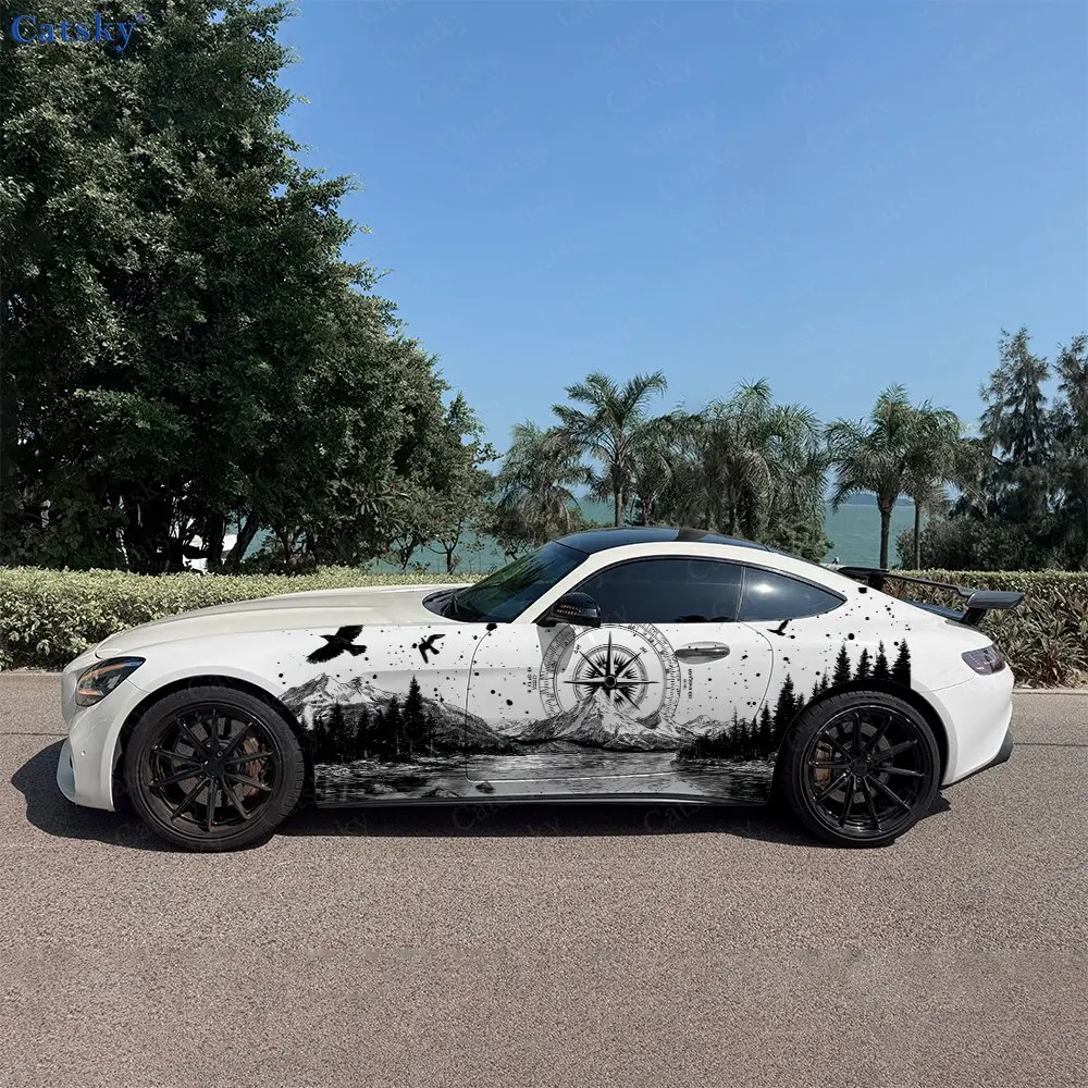 

Compass Black Mountain Forest Splash Car Side Wrap, Self-Adhesive PVC Waterproof & Scratch-Resistant Sticker, Car Accessory Gift
