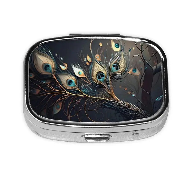 

Peacock feather 2 cell pill box cell portable pill box pocket or purse decorated with metal medicine vitamin travel unique gift