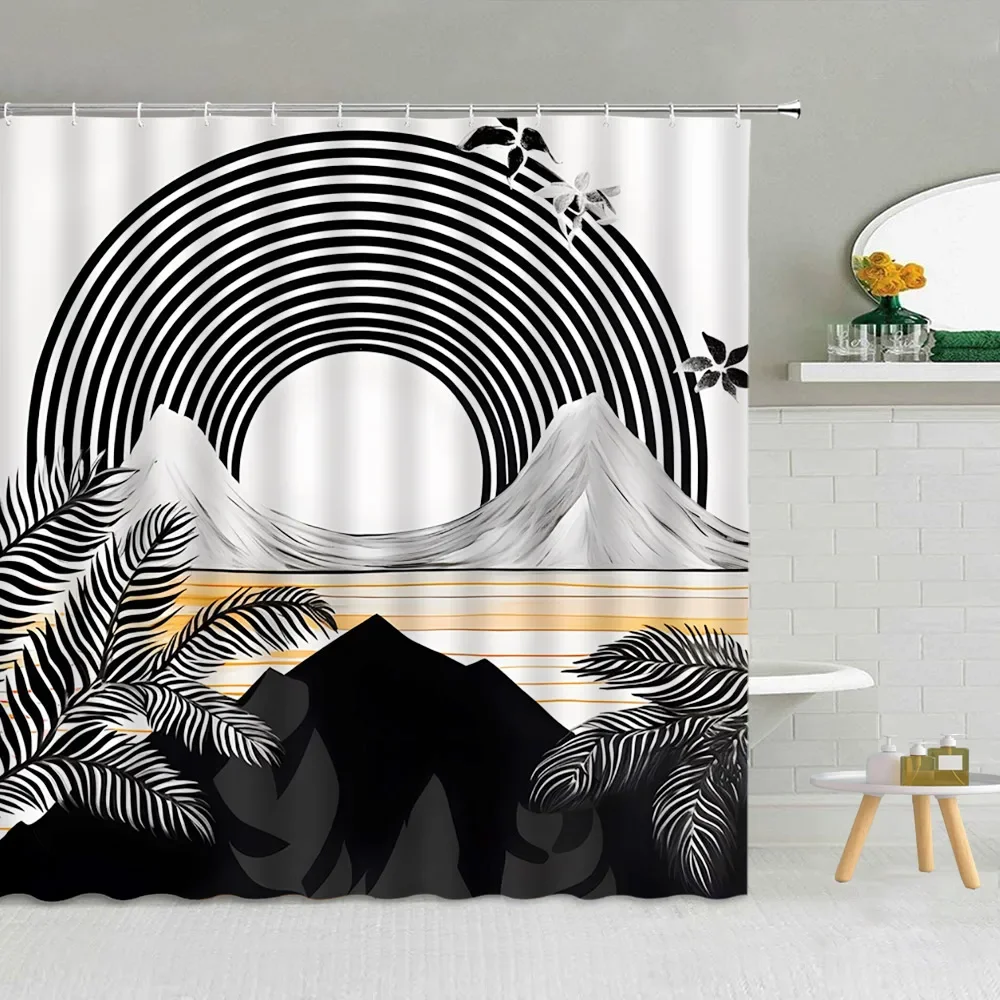 Black and White Shower Curtain, Abstract Mid-Century Modern Minimalist Geometric Line Art Aesthetic Vintage Bathroom Decoration