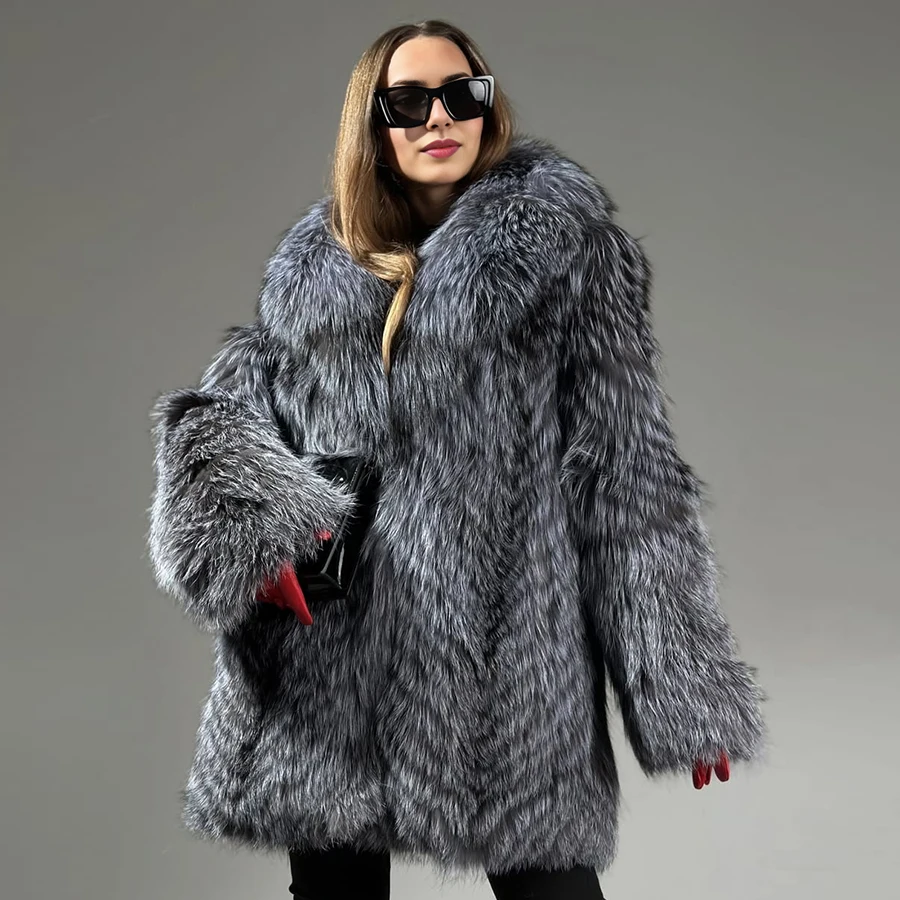 Natural Silver Fox Fur Coats With English Collar Women's Full Skin Fur Jacket Long Real Fox Fur Coat Best Seller Furry Jackets