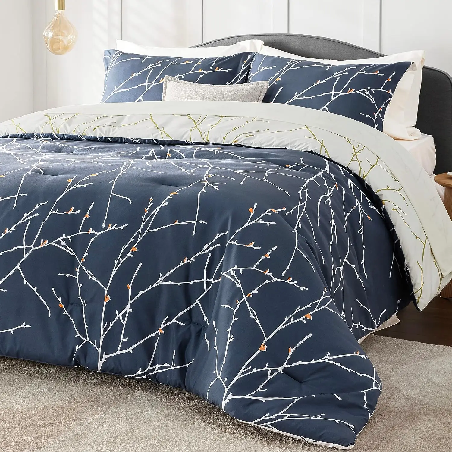 Bedsure Comforter Sets - Bed in a Bag Queen 7 Pieces Reversible Navy Blue Flroal Bed Set Tree Branch Pattern Printed