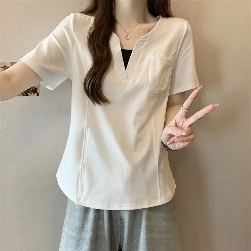 

Solid Color Fake Two-piece Pocket Short Sleeves T-shirt for Women's Summer Casual Slimming Versatile Tops Fashion Women Clothing