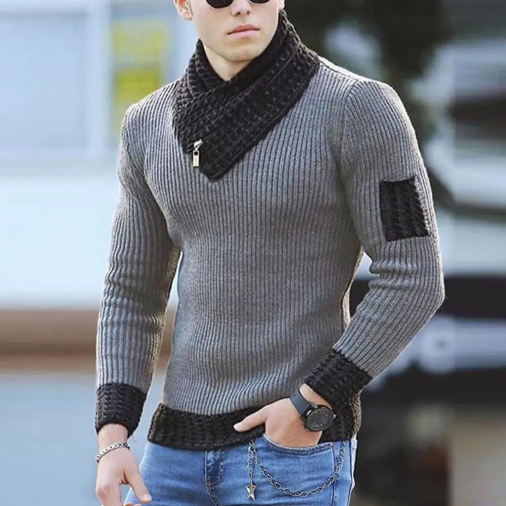 

Zipper Neck V Neck Pullover Men Sweater Scarf Collar Long Sleeve Men Sweater Slim Fit Knitted Warm Warm Sweater Winter Jumper