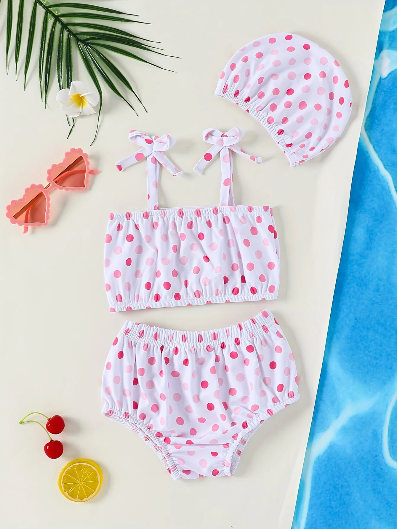 3 Piece Set Cute Fashion Polka Dot Summer Baby Girls Cool Comfort Camisole + Swim Briefs + Swim Cap Baby Swimsuit Set