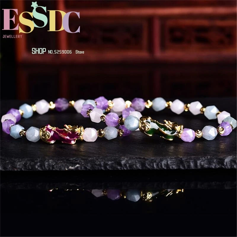 

Dropship 2019 New Natural Faceted Purple Crystal Beads Change Color Pixiu Charm Bracelet Vietnamese Sand Gold Women Jewelry Gift