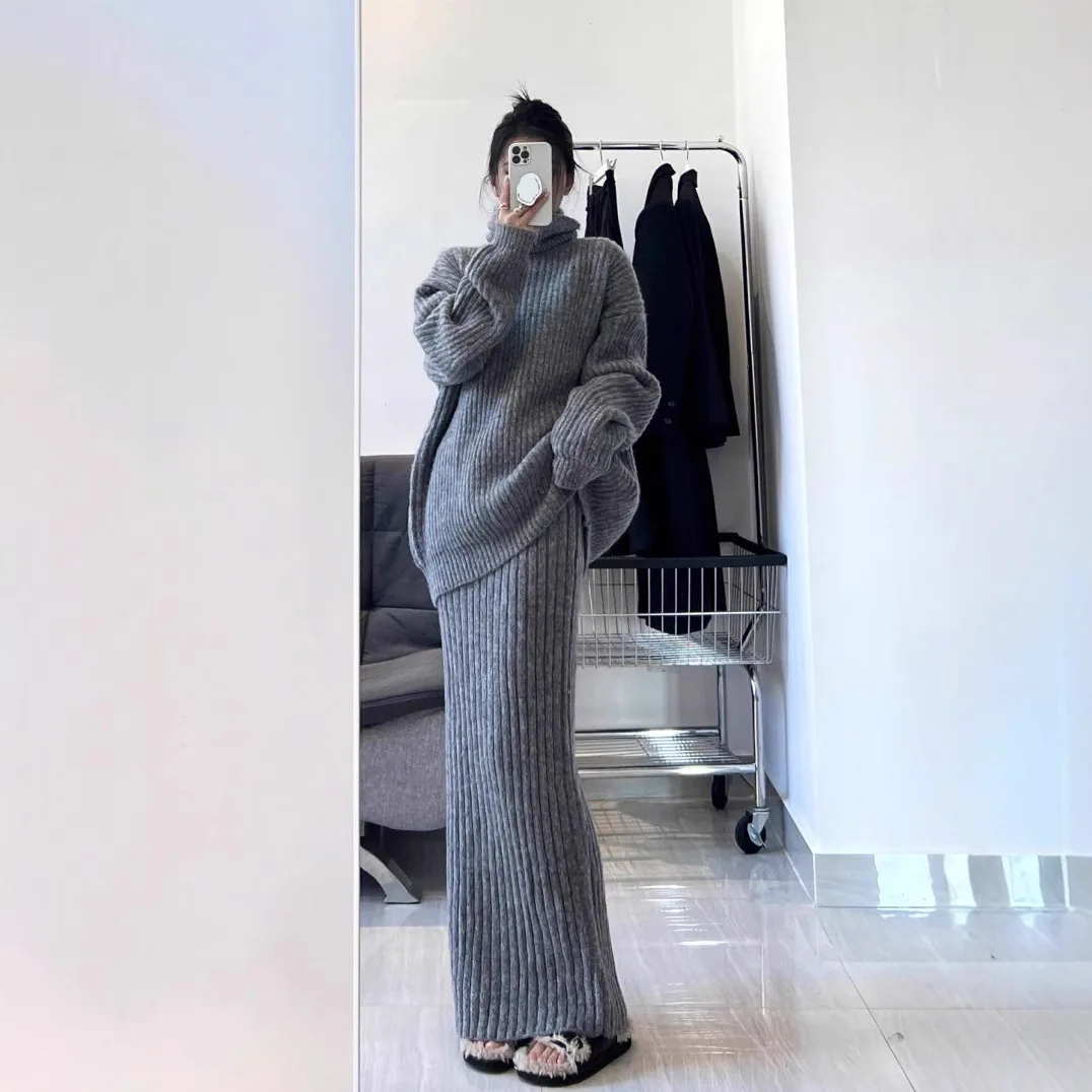 

Women Knitting Skirts Sweater Set 2025 New Women's Elegant Two Piece Set French Retro High Neck Sweater Midi Skirt Luxury Outfit
