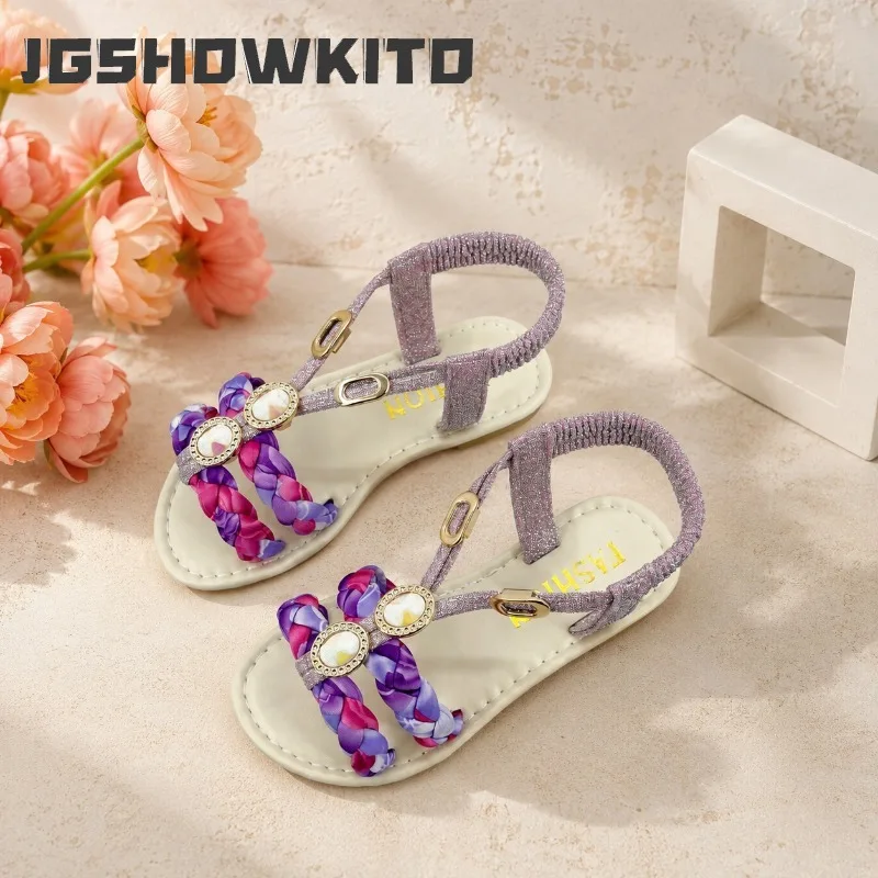 JGSHOWKITO Children Summer Boho Sandals Toddler Retro Braided Girls Hollow-out Flat Shoes Breathable Open-toe Kids Beach Sandals