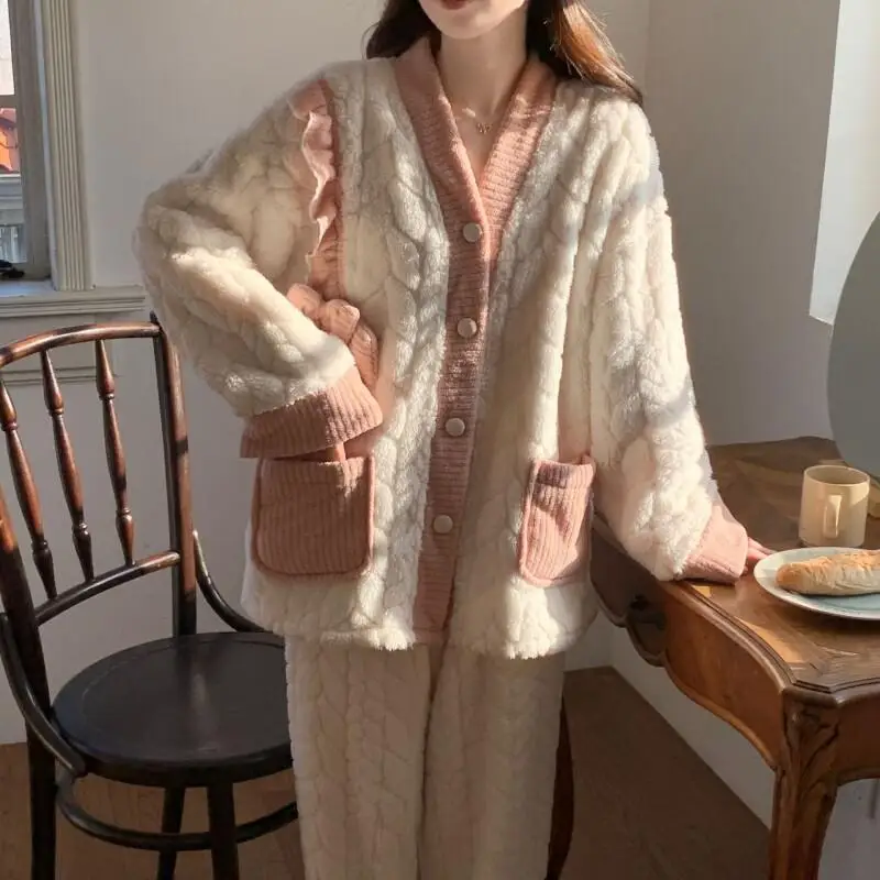 

Фланелевые женские пижамы, милый кардиган, утепленная удобная одежда для сна, теплый костюм на флисовой подкладке, зимний пижамный комплект, домашняя одежда для девочек