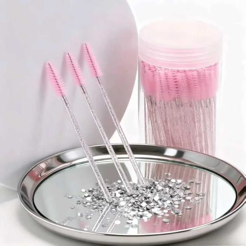 แปรงมาสคาร่าแบบใช้แล้วทิ้ง 50 ชิ้น ด้ามจับคริสตัล พร้อมกล่องเก็บ ชุดพกพา ขนแปรง อุปกรณ์แต่งหน้า