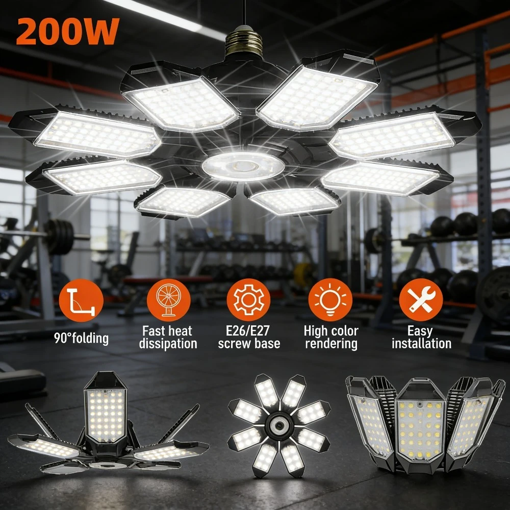 

8+1 Multi-Directional LED Garage Light 6500K Daylight Foldable Ceiling Lamp E27 Base High Lumen Lighting for Industrial Home Use