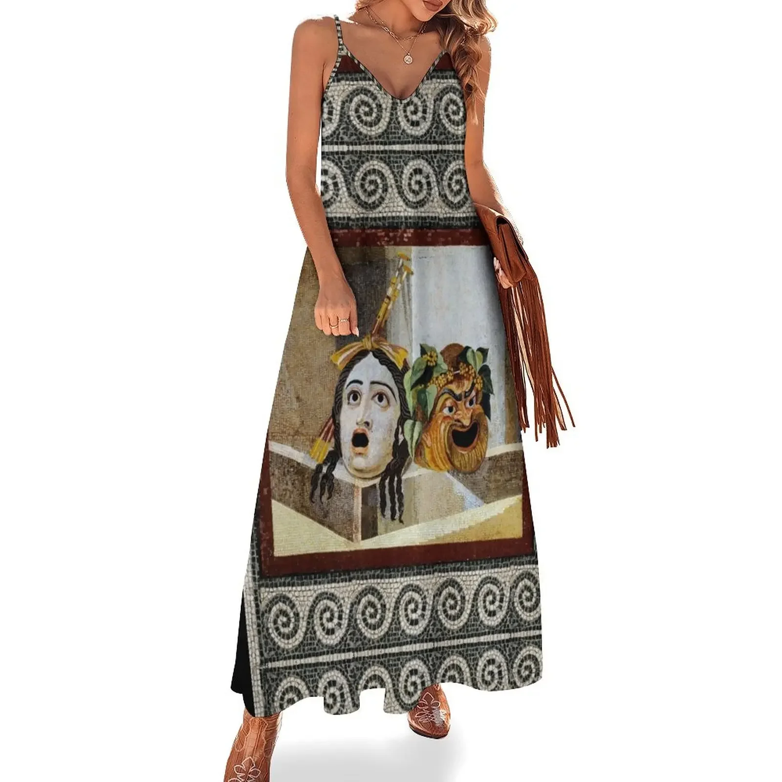 ANTIQUE ROMAN MOSAICS ,GREEK COMEDY THEATER MASKS Sleeveless Dress dresses summer Women's evening dress