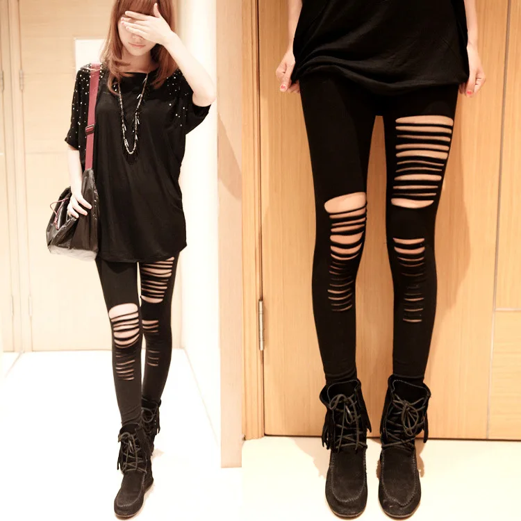 Sexy Leggings Ripped Leggins Women Low Waist Pants Hollow Out Leggings Stretch Dancing Club Street Pants