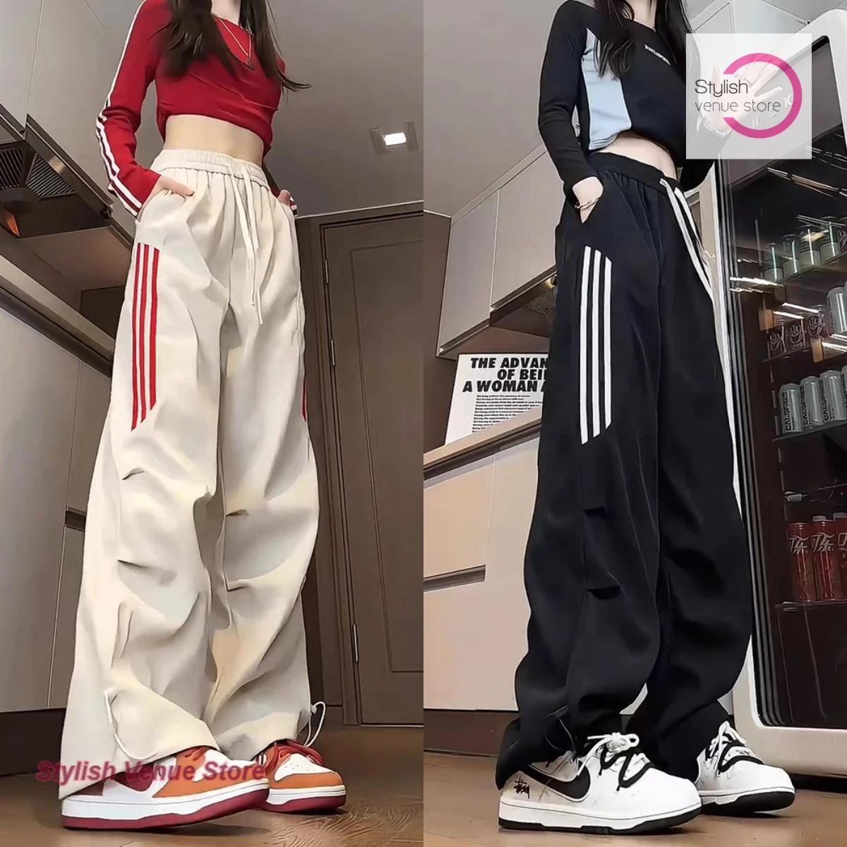 

American striped overalls women's summer new fashion high waist loose sports casual drape straight wide-leg pants for students.