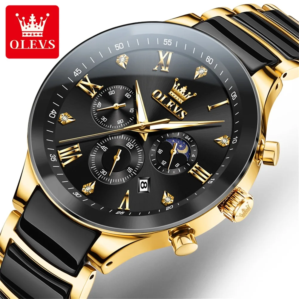 OLEVS-reloj de cuarzo Original para hombre, cronógrafo de pulsera con tiras luminosas de cerámica y acero, resistente al agua, fase lunar