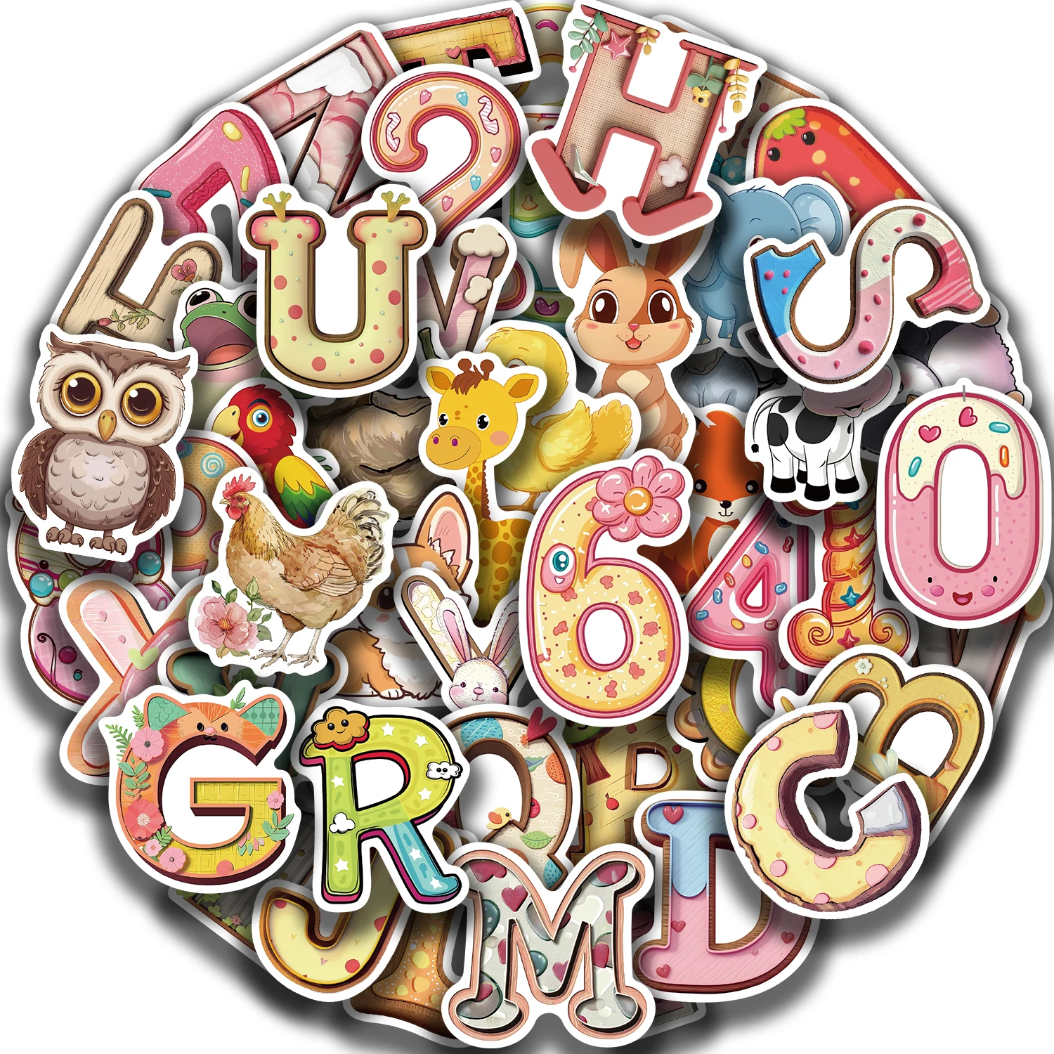 

50Pcs Cartoon Alphanumeric Animal Stickers For Car Laptop Phone Stationery Decor Vinyl Decals Waterproof Sticker Kids Gift