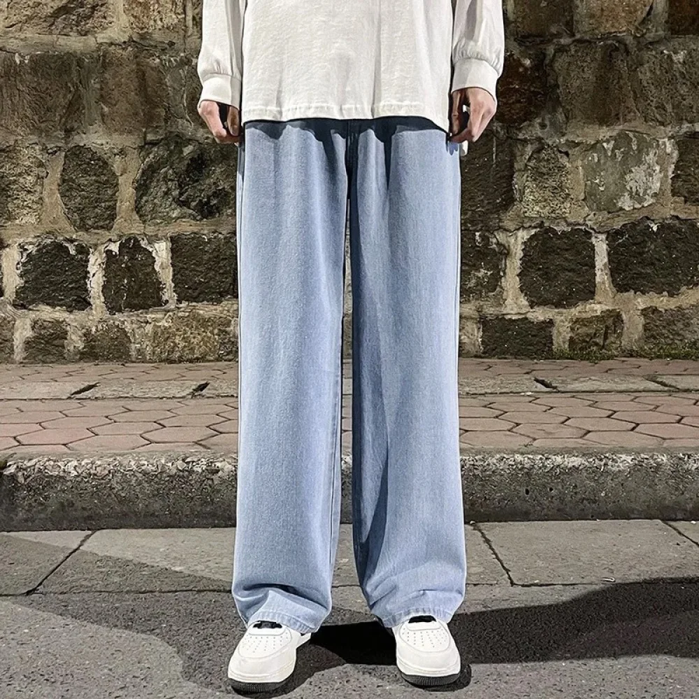 Casual Mens Straight Jeans Wide Leg Denim Pants Streetwear Fashion Comfortable Loose Fit Elastic Waist Long Trousers New
