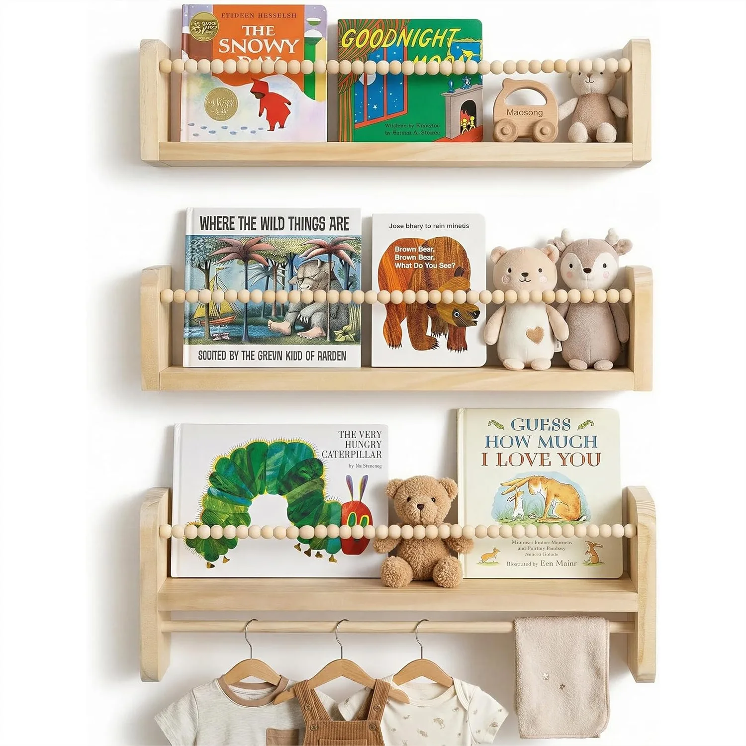

3-Piece Wall Mounted Bookshelf Set For Kids Room Nursery, Natural Solid Pine Wood Floating Shelf With Hanging Rod