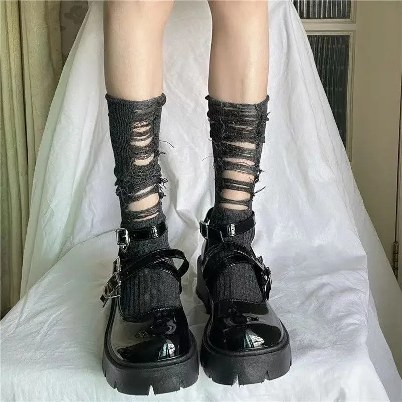 Women Ripped Gothic Dark Socks Knitted Socks Mid Tube Socks Hand Cut  Y2k Hot Girl Women Punk Harajuku Clothing Accessories