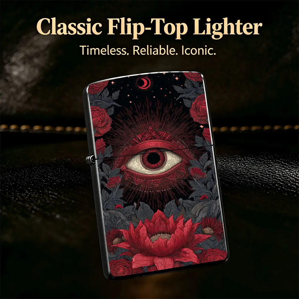 Pocket Lighter, Flip Top Windproof Design, Metal Case, Red & Black Floral Eye Art Print, Comfortable Grip, Adjustable Flame, Portable & Durable