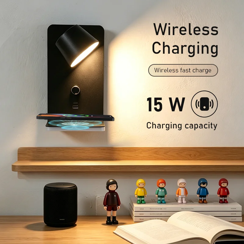 LED Wall Light 3000k Warm Light, Mobile Phone Wireless Charging Knob Dimming Rotary Wall Light 350 ° Wireless Bedside Lamp