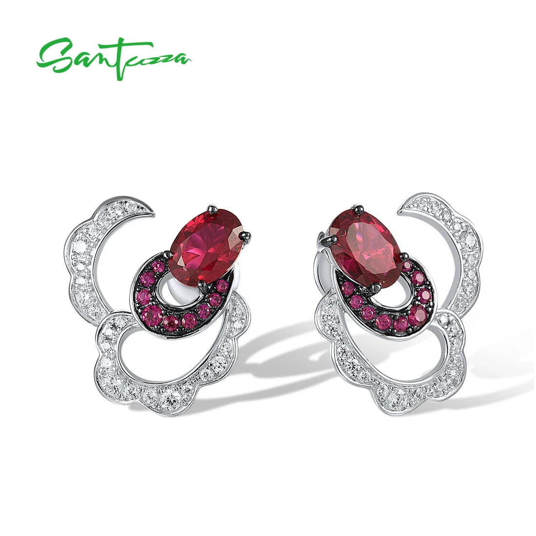 

SANTUZZA Real 925 Sterling Silver Earrings For Women Sparkling Created Ruby White CZ Fancy Cute Wedding Gifts Fine Jewelry