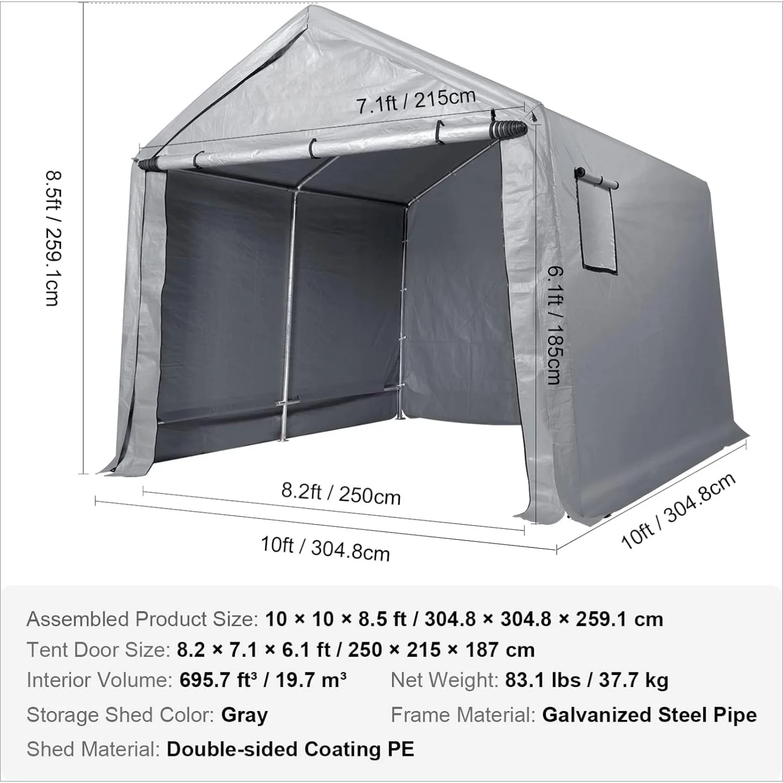 US Portable Shed Storage Shelter Outdoor, 10x10x8.5 ft Heavy Duty Instant Storage Tent Tarp Sheds with Roll-up Zipper Door and