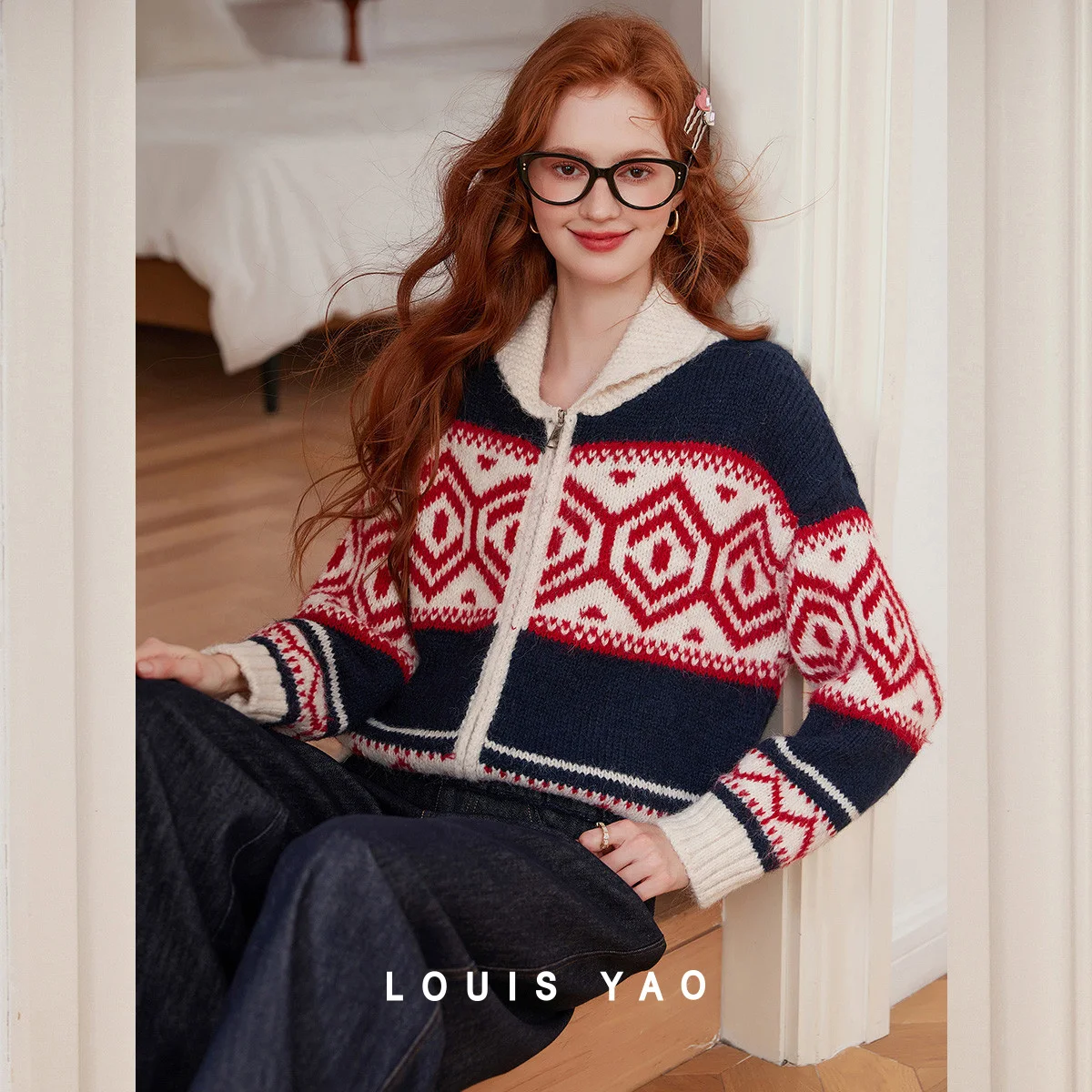 

LOUIS YAO Wool-Blend Vintage Pattern Knitted Cardigan 2025 Autumn/Winter Knitted Sweater Color Block Women's Outerwear Sweater