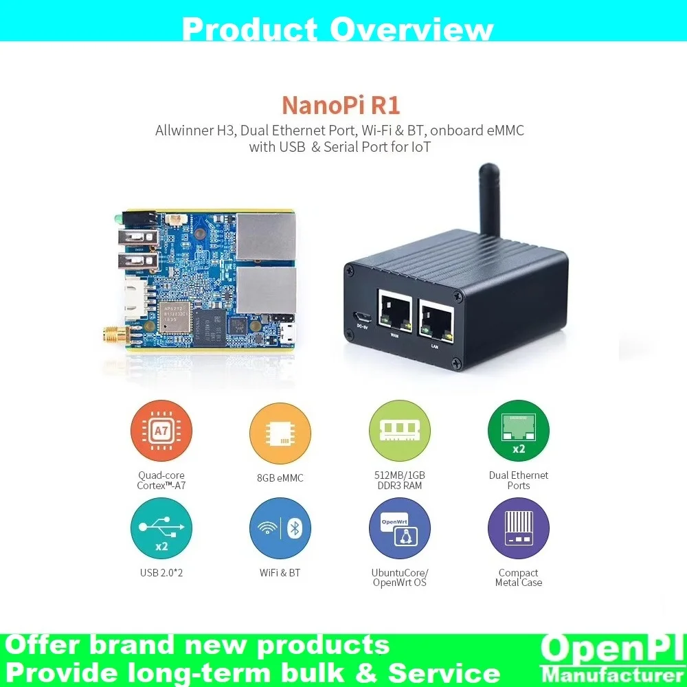 

Open+Pi Nano R1(512M DDR/8G eMMC)|IoT Router/Wifi&BT/USB/Daul Ethernet|H3 Quad-core Cortex-A7 1.2GHz|OpenWRT,Ubuntu,Linux etc