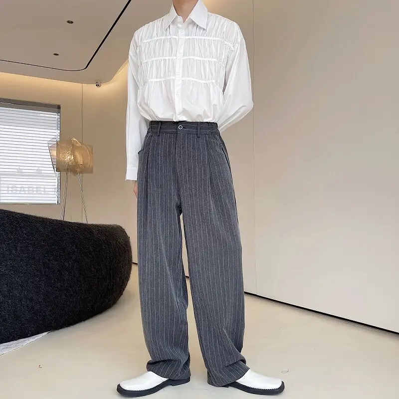 Fashion Men Wide Leg Pants Personality Design Loose Drape Men's Striped Pants Full Length High Elastic Straight Trousers Gray