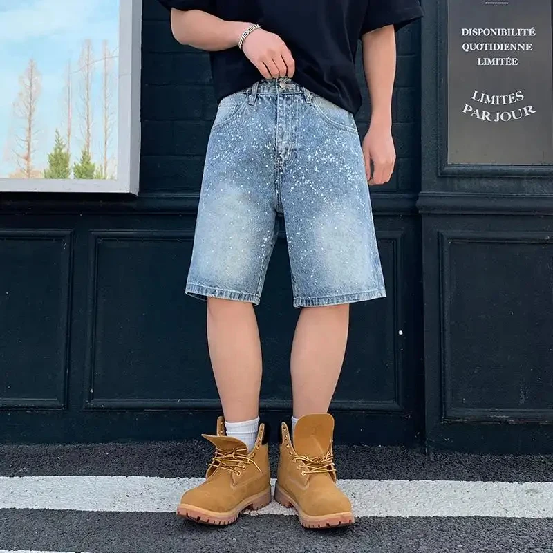 Men's Gemstone Embellished Denim Shorts, Japanese Style Streetwear, Loose Casual Half-Length Five-Point Pants, Versatile and Com