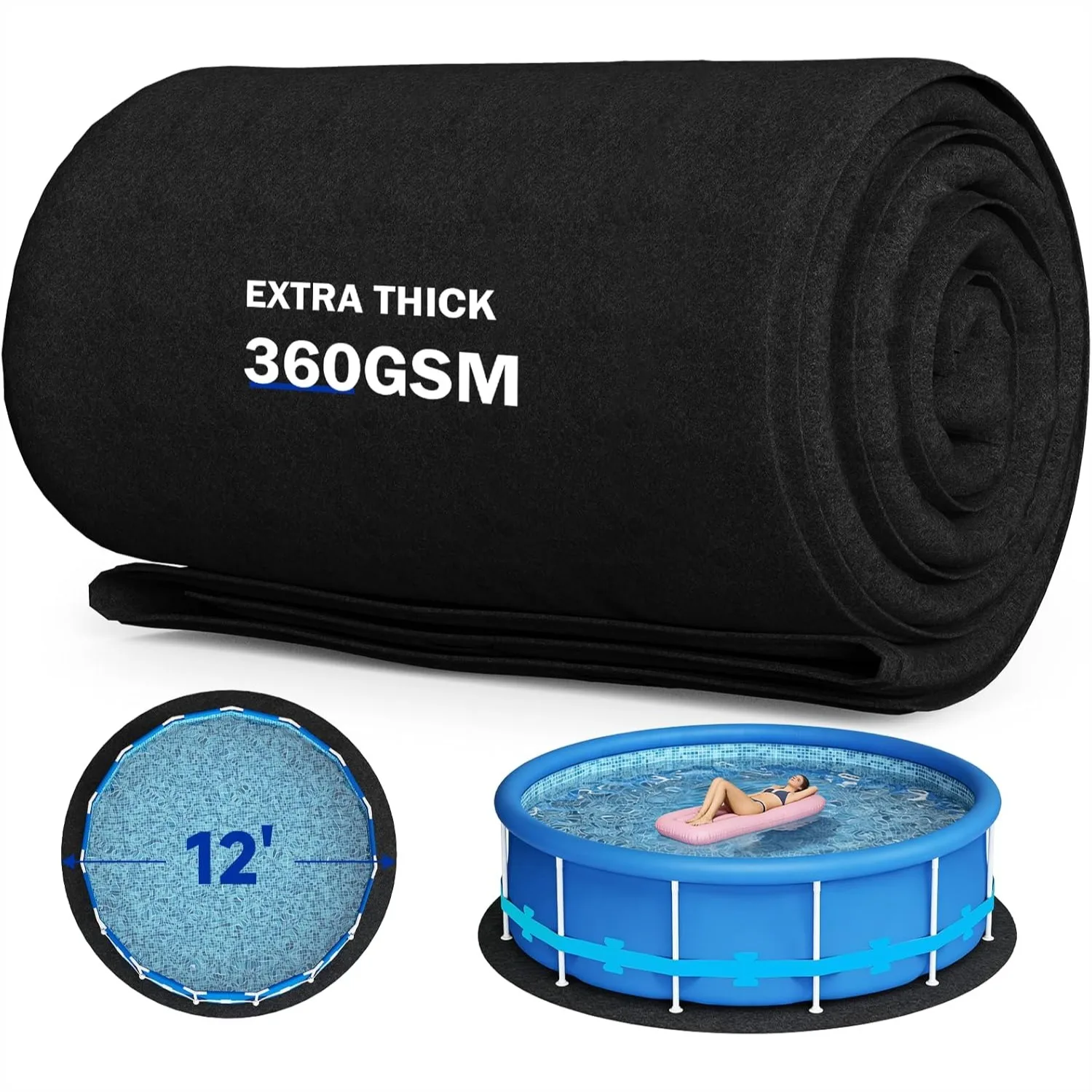 12Ft Round Pool Liner Pad for Above Ground Pools, Extra Thick Heavy Duty Under Pool Mat, Seamless Puncture Resistant Geotextile