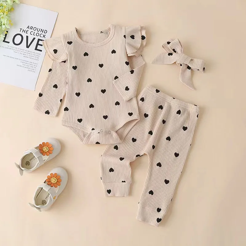 Somenie Autumn and Winter European and American Baby Girl Love Print Romper Multi-color Long-sleeved Trousers Bow