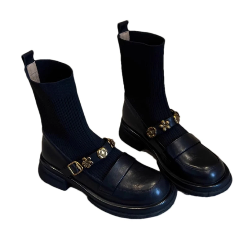 Flower Women's Ankle Boots Flats Designer Knitting Shoes 2025 Fashion Gothic Boots New Walking Winter Short Sock Mujer Botas view 6