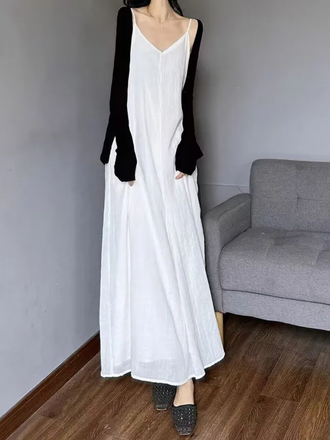 White Cotton Linen Loose Strap Dr Slimming Summer Long V-ne Dr Artistic Sle Women's Dr Commute Sle Midi Dr