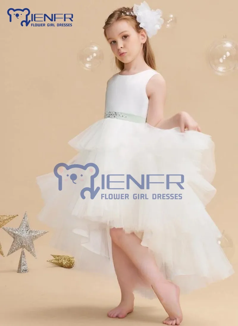 Personalizado branco frisado Tutu para meninas, cinto assimétrico, vestidos de dama de honra, festa de aniversário, comunhão, casamento Flower Girl, Kids, 2023