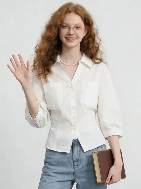 

Элегантная женская летняя блузка ZhuoZhi в деконструктивном стиле с рукавом три четверти, белая, с эффектом утяжки талии, новинка сезона