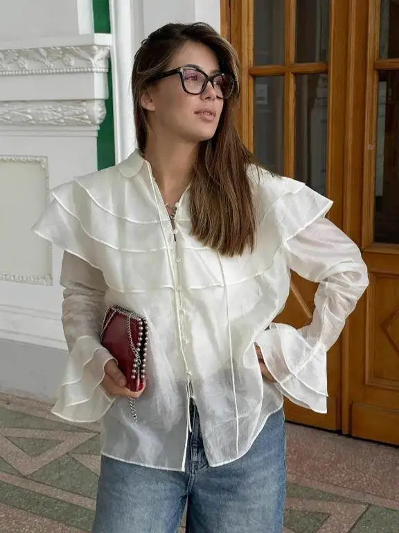 

Ele Women's French Ruffle Top Summer V-Ne Tensel irt Long Sve Commute Sle Pure Color Bell Sve irt