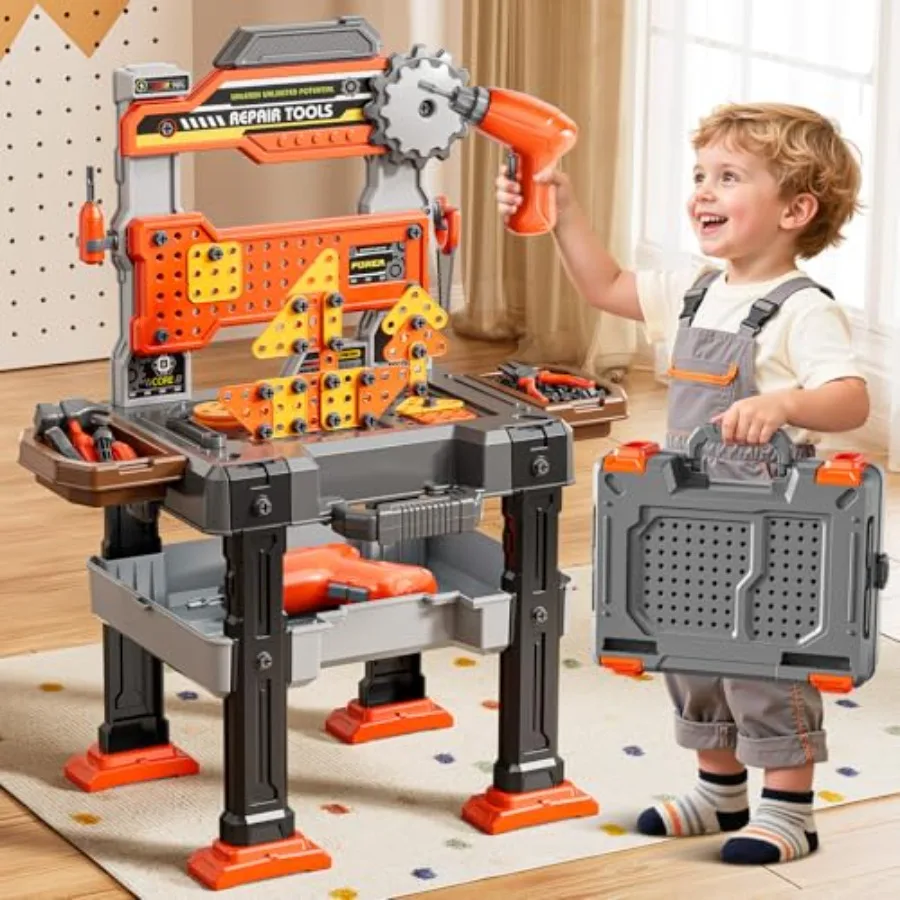 

2 in 1 Workbench Toys for Toddlers 3-5 Tool Bench Set with Electric Drill and Realistic Tool Pretend Play Toolbox Birthday Gift