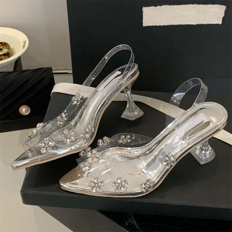 

Sexy PVC Transparent Crystal Diamond Flower Woman Pumps Elegant Slingbacks Pointed Toe High Heels Party Shoes