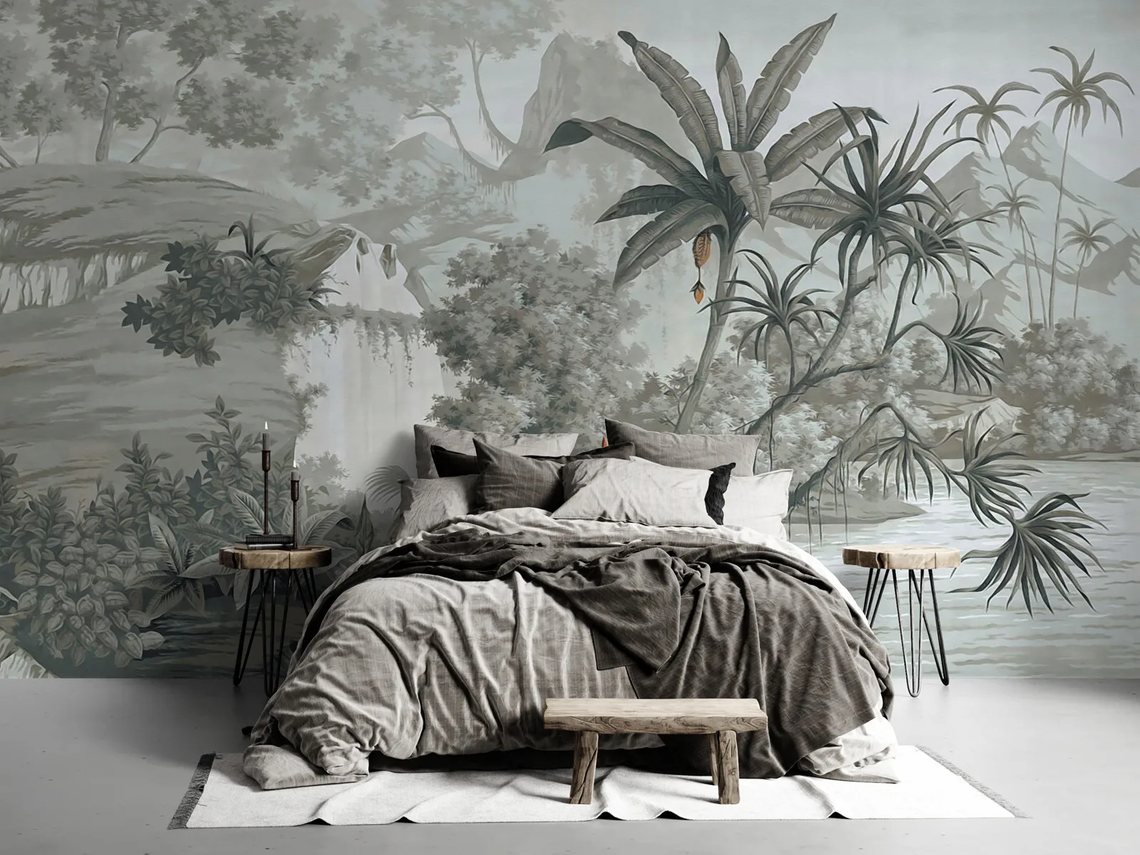 Gray Tones Rain Forest Wallpaper, Jungle Wallpaper Mural, Sepia Wallpaper, Tropical Landscape Wall Mural in Black and White