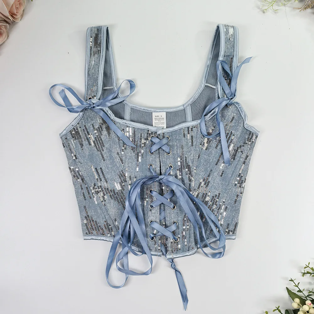 Women's Sequin Strap Bustier Corset Bra for Outerwear No chest pad, Backless Ribbon Boning Cincher with Removable Garters