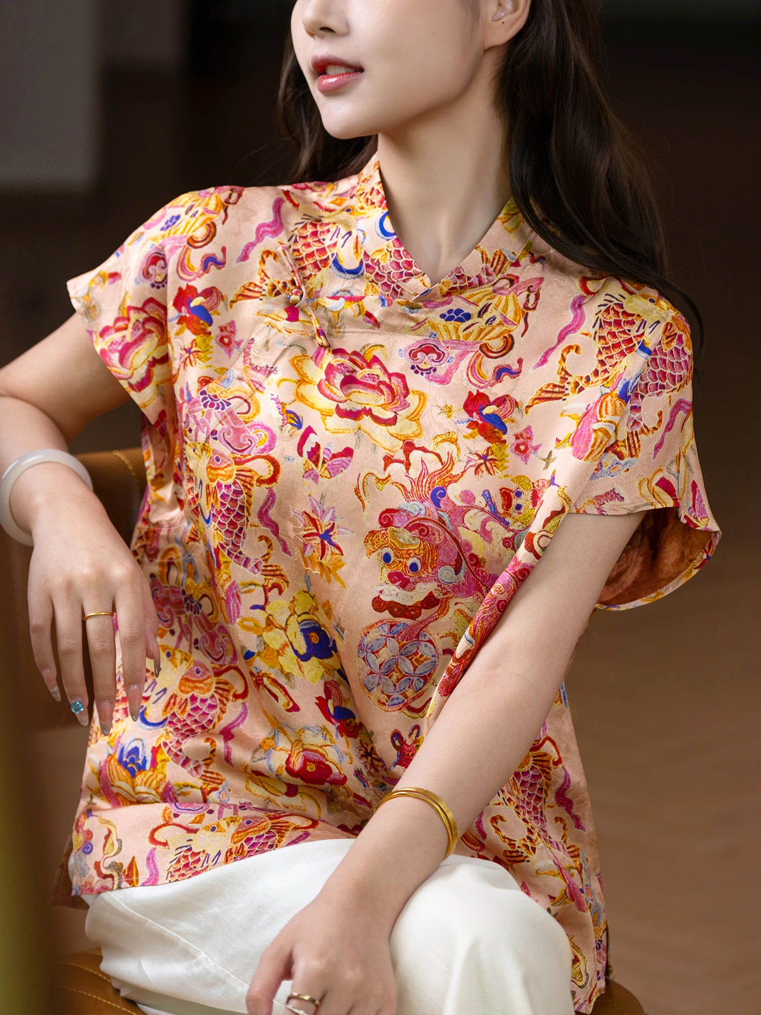 

ijing Mountain Sea Series "Lotus Carp Polite" Шелковая ручная работа на пуговицах National Sle ort Sve Топ Женская летняя футболка