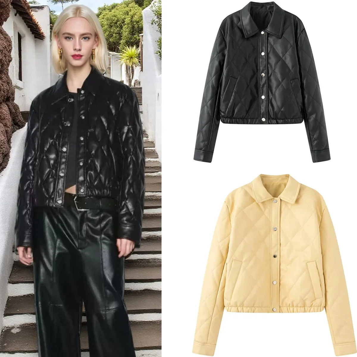 

Autumn Winter Women's Motor Warm Faux Leather Jacket Button PU Parkas Coats Female Street Quilted PU Padded Short Bomber Jackets