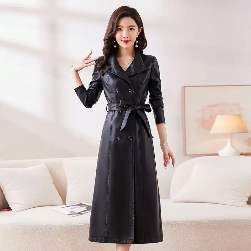 Long Leather Jacket Windbreaker Women Spring Autumn Winter 2026New Haining Leather Coat Long Outwear Korean Thin Overwear Ladies